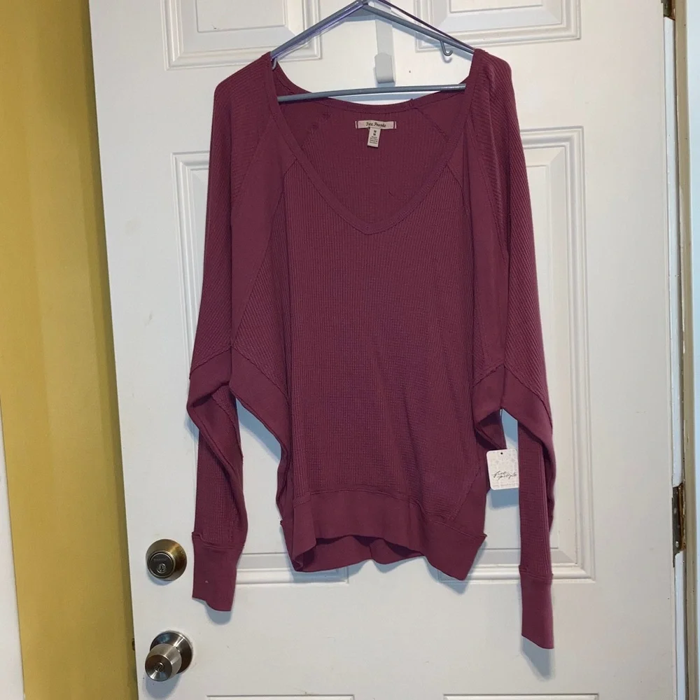 FREE PEOPLE Santa Clara Cotton Thermal V Neck Mulberry Top Womens Medium